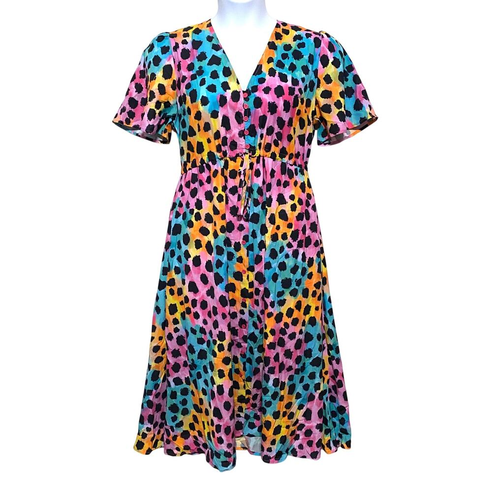 Little Party Dress Womens 10 Cheetah Print 80s V Neck Colorful Neon Retro Twirl